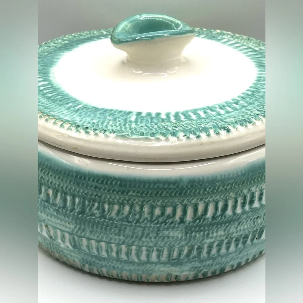 Vintage 1961 Handmade Ceramic Pottery Bowl w/Lid Turquoise/White MCM Signed - Picture 2 of 16